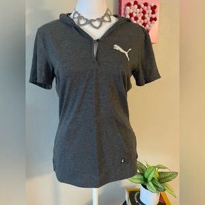Puma Women’s Grey Hooded Tee With Pockets And Button Puma Graphic -Sz M